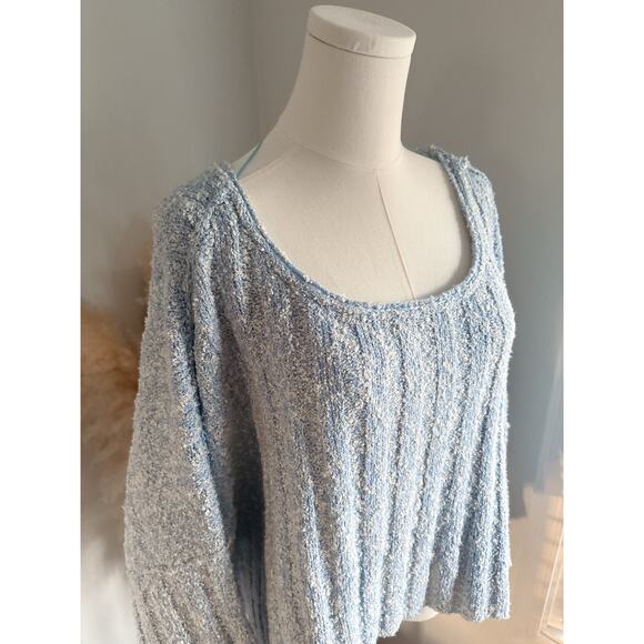 Free People Good Day Ribbed Blue Oversized Cropped Sweater Womens Medium - Picture 3 of 11